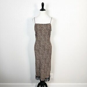 Vintage‎ Y2K Fairy Grunge Miravo Large Bias Cut Leopard Fringe Print Midi Dress